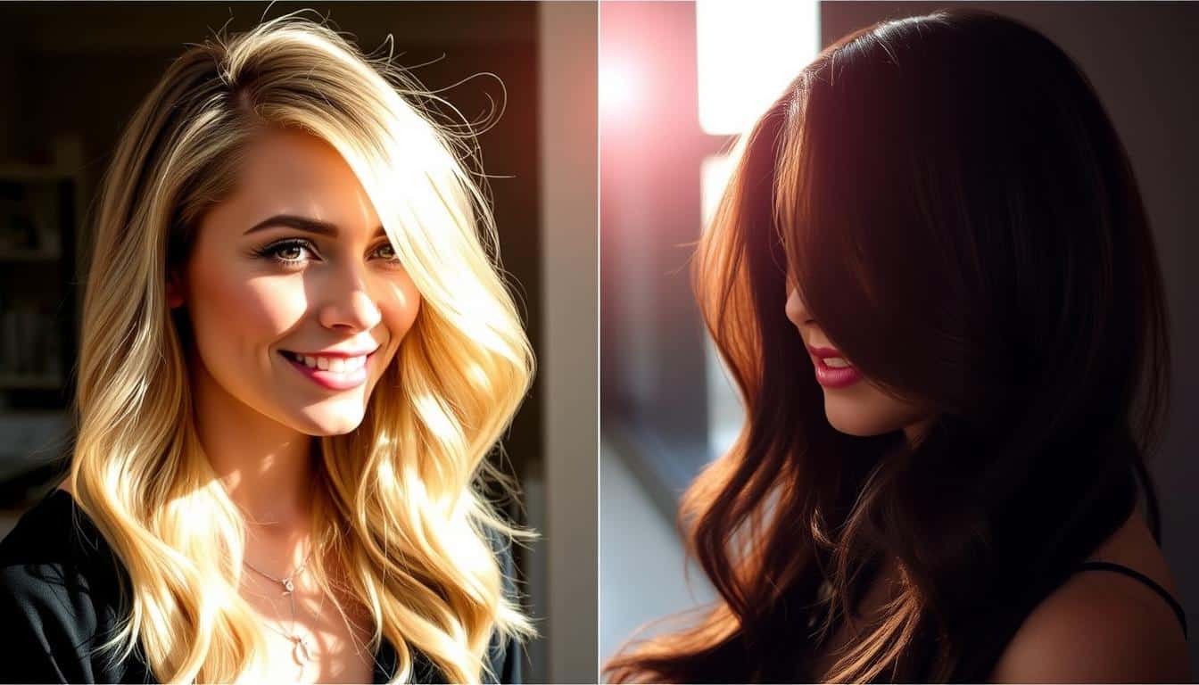 a woman with vibrant blonde highlights vs deep rich lowlights