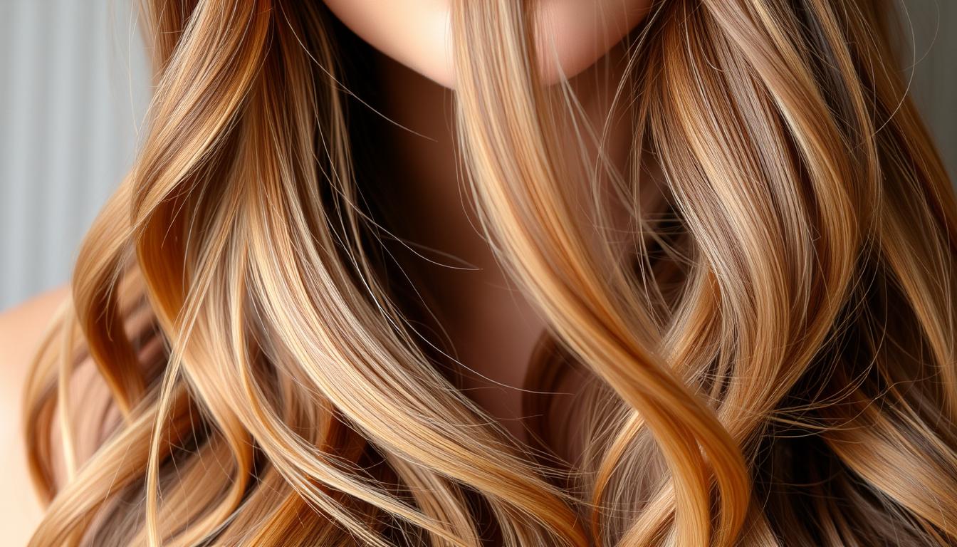 Close Up View of a Woman with Long, Wavy Brown Hair with Partial Highlights