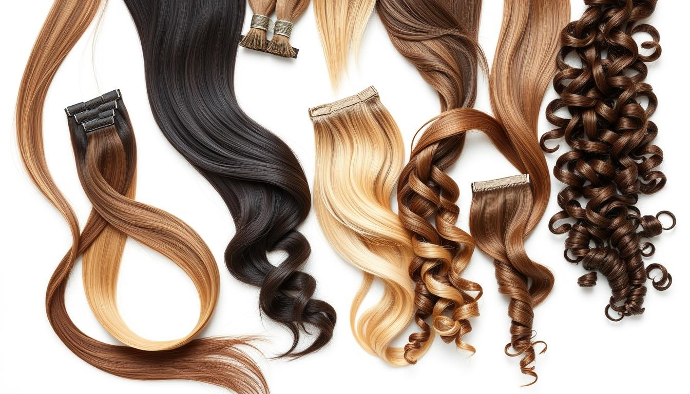 various types of human hair extensions, including clip-in, tape-in, and wefted extensions, arranged on a white background