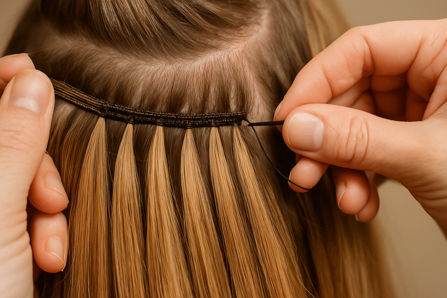 Hand tying hair extensions